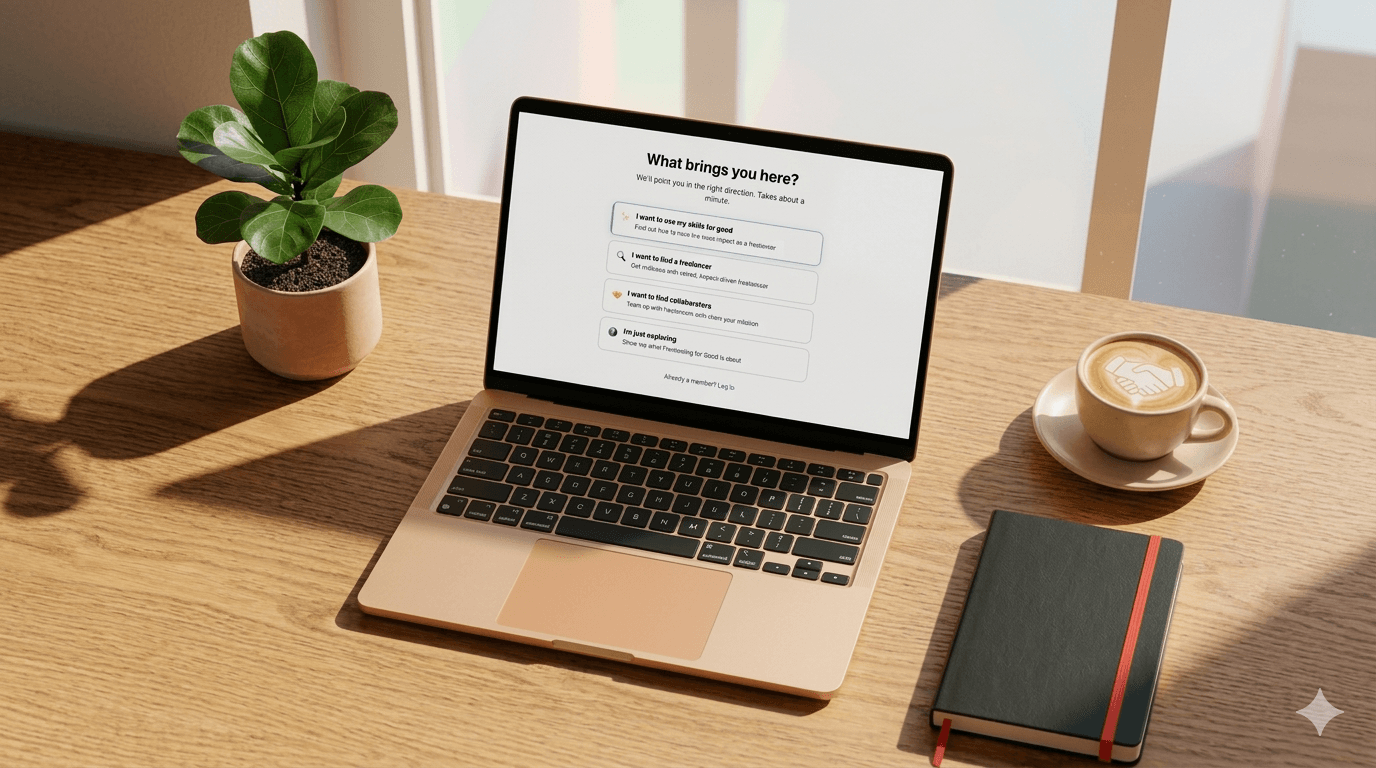 Laptop showing the Freelancing for Good quiz on a warm café desk