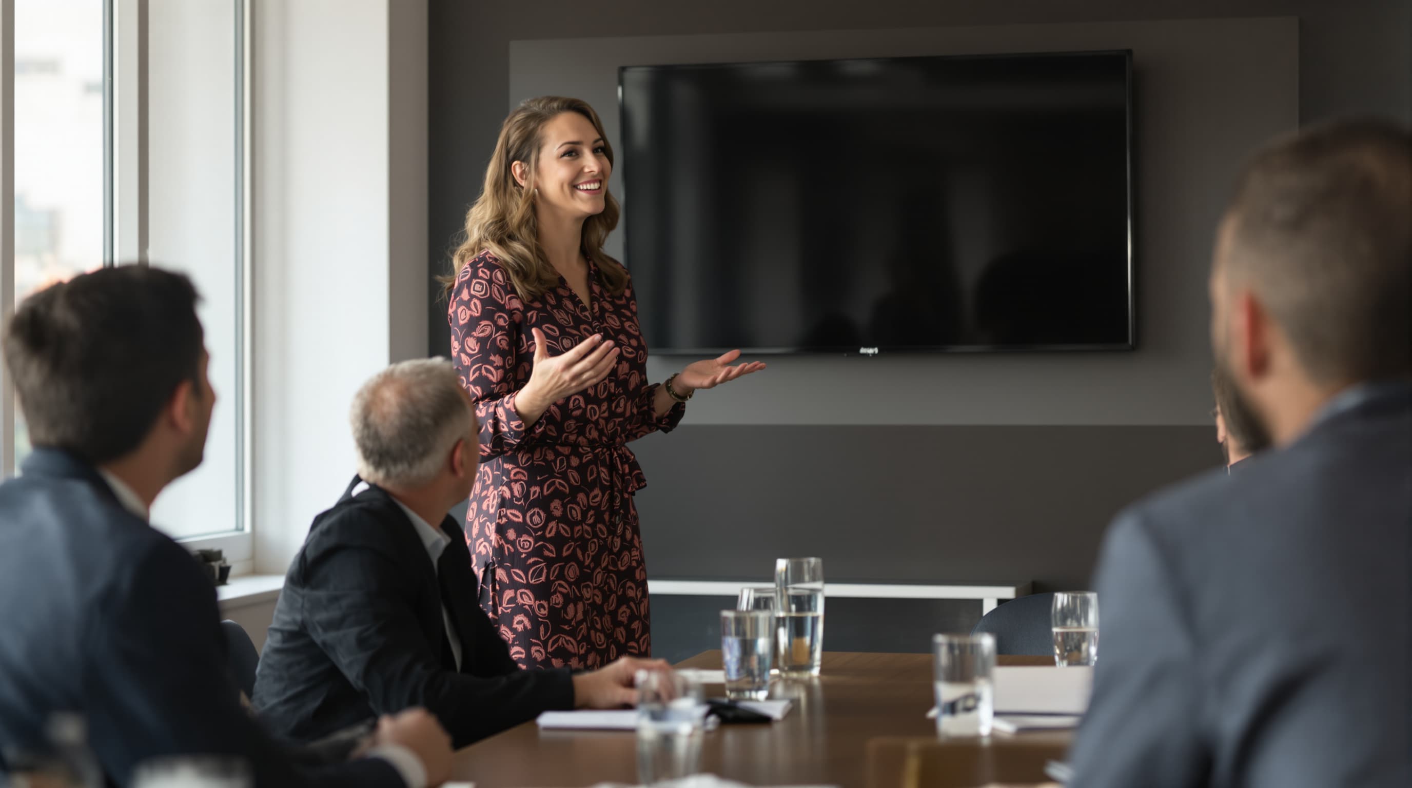 Woman presenting confidently to a boardroom